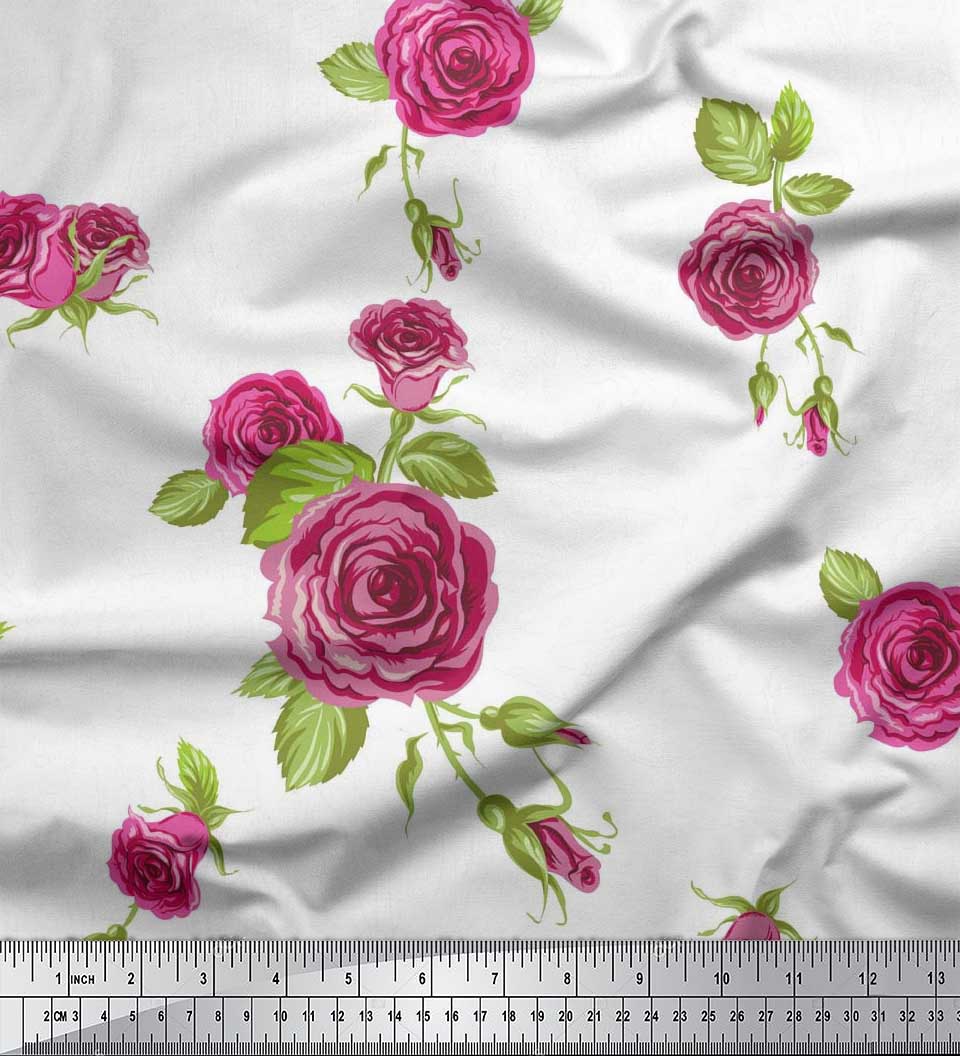 

Тканина для рукоділля Soimoi Japan Crepe Satin Leaves & Austin Rose Flower Printed Metre 42 Inch 42 Inch Wide - Poly Crepe білий