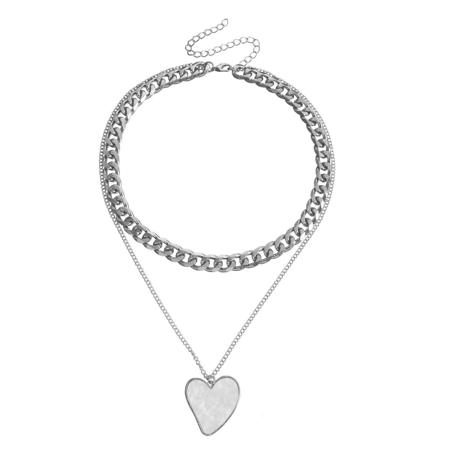 

Double Geometric Heart White Fritillary Pendant Necklace Necklace, Coarse Metal Aluminum Chain Necklace