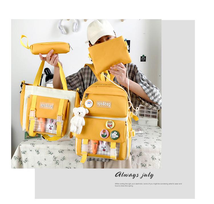 Set di Zaini in Tela da 4-5 Pezzi per Studenti: Design Carino con Carota e Coniglio, Perfetto per Bambine e Bambini delle Scuole Elementari e Medie