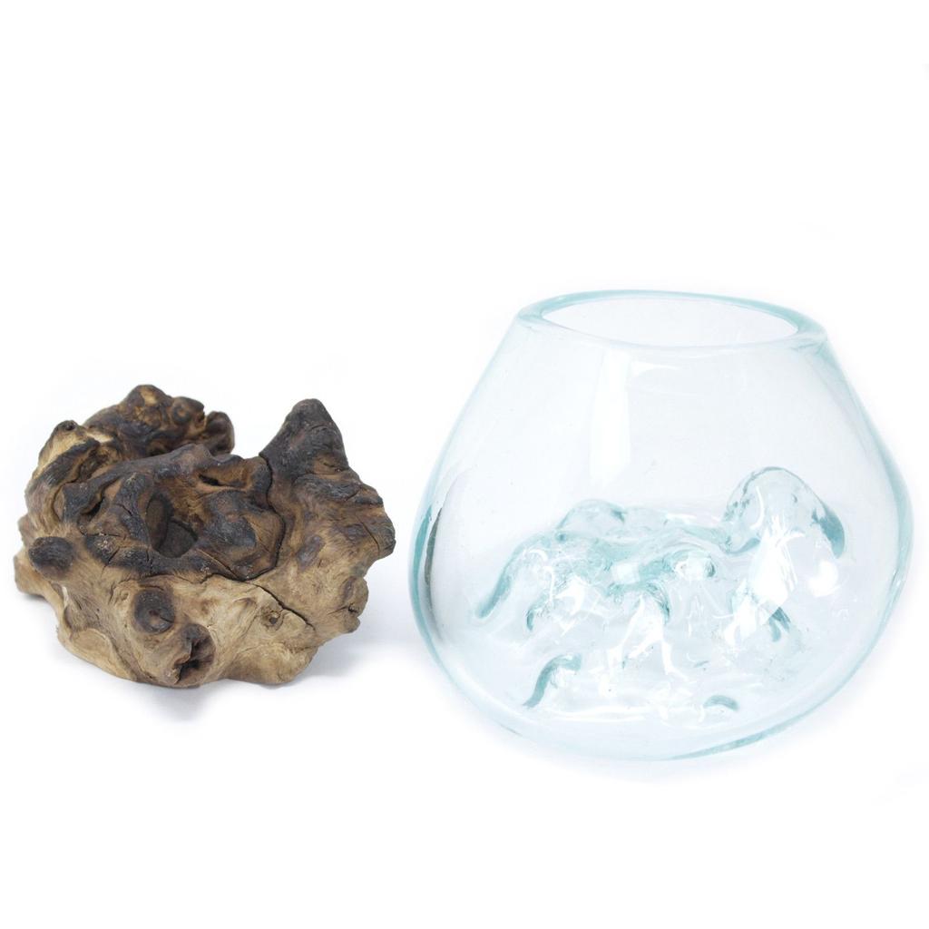 Schmelzglas-Schale auf Holzsockel