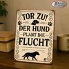 Metal Tin Sign - Dog Warning Humor Wall Decor  | Retro Iron Plaque with German Text & Dog Silhouettes