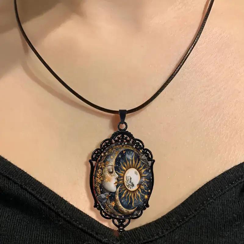Retro Gothic Moon And Sun Pendant Necklace Women Men Punk Cross Metal Leather Rope Chain Vintage Jewelry Gift