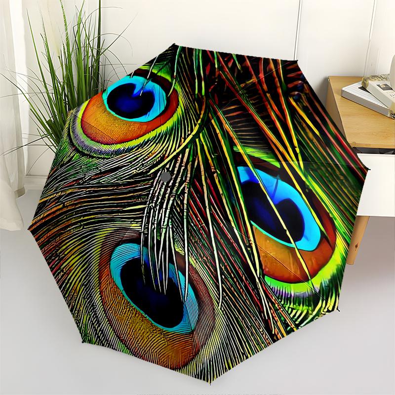

Peacock Feather Theme 8 Bone Hand Automatic Folding Umbrella, Compact and Portable Design, A Perfect Gift for Birthday, Christmas or Busines
