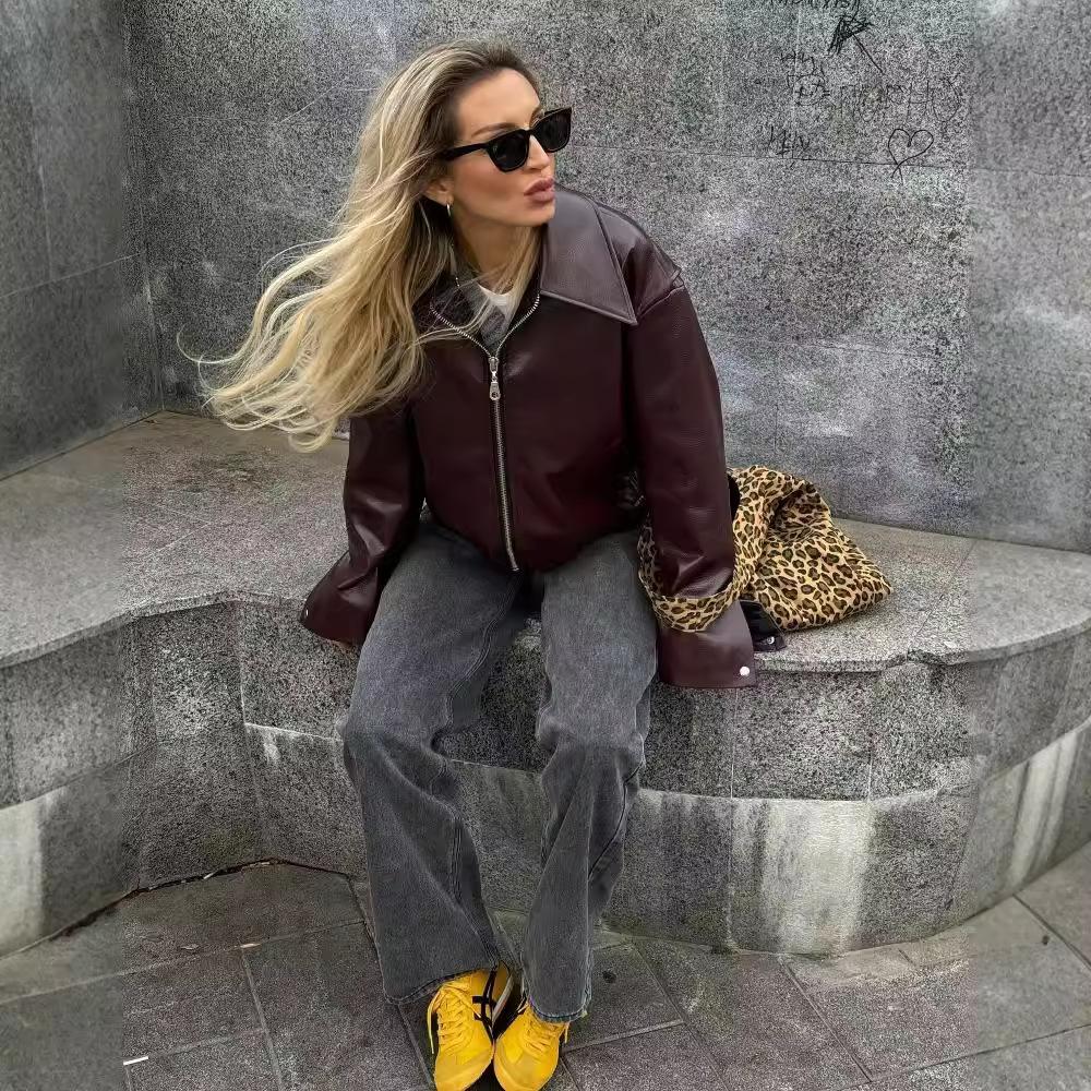 Women'S Solid Color Square Neck Leather Jacket