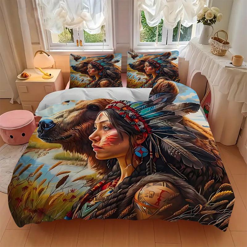 3pcs Native American Indian Feather Headdress Bedding Set - Includes One Quilt Cover and Two Pillowcases (No Core) - Home Decor, Festival Gift, Polyes