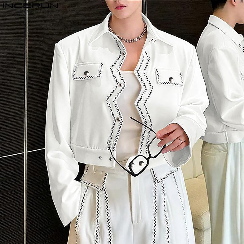 INCERUN Men Long Sleeve Button Texture Hem Stitching Short Coats Jackets