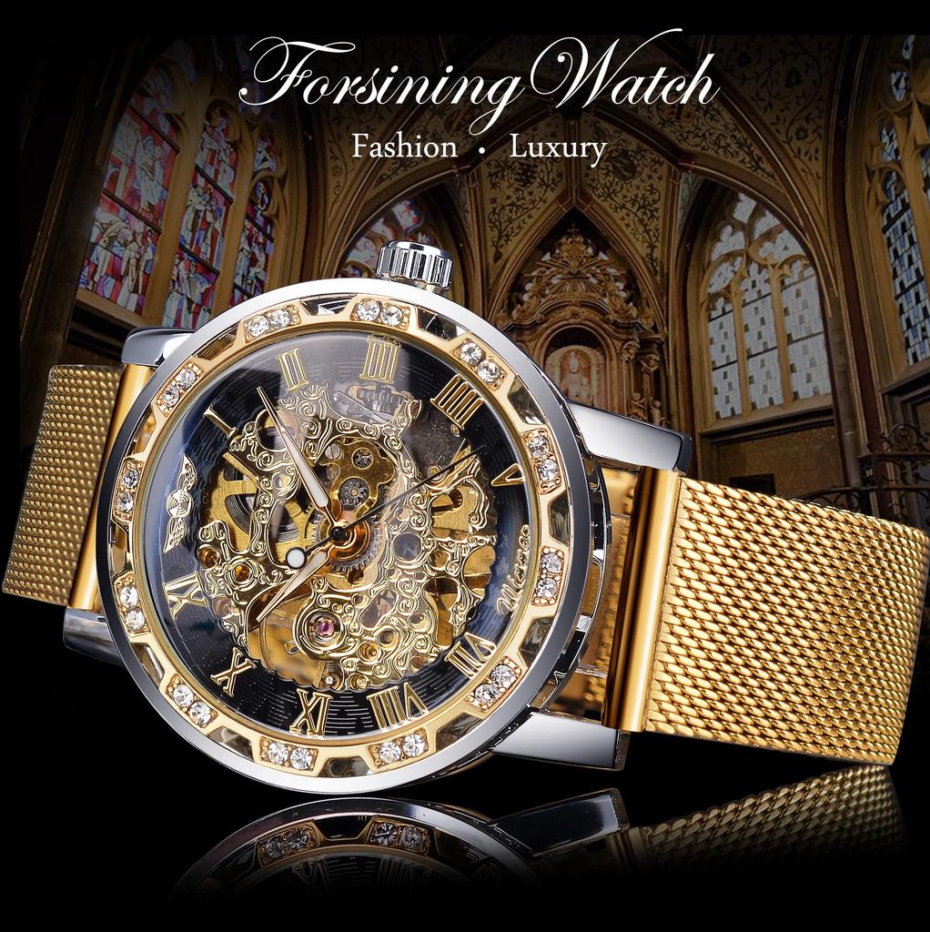 Forsining Winner Retro Manual Skeleton Watch Diamond Carving Flower Craft Men Gold Classic Roman Numerals