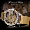 Forsining Winner Retro Manual Skeleton Watch Diamond Carving Flower Craft Men Gold Classic Roman Numerals