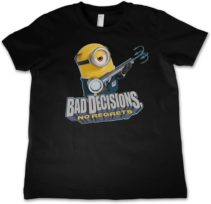 MINIONS Offizielles Lizenzprodukt Bad Decisions No Regrets Kinder T-Shirt (Schwarz), 10 Years 130