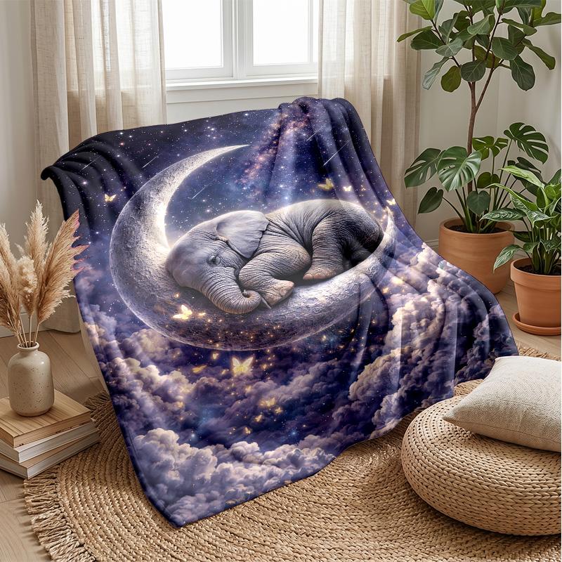 Elephant In Van Gogh Style Night Theme Blanket Lightweight Warm Flannel Blanket Decorative Throw Blanket for Home Decoration