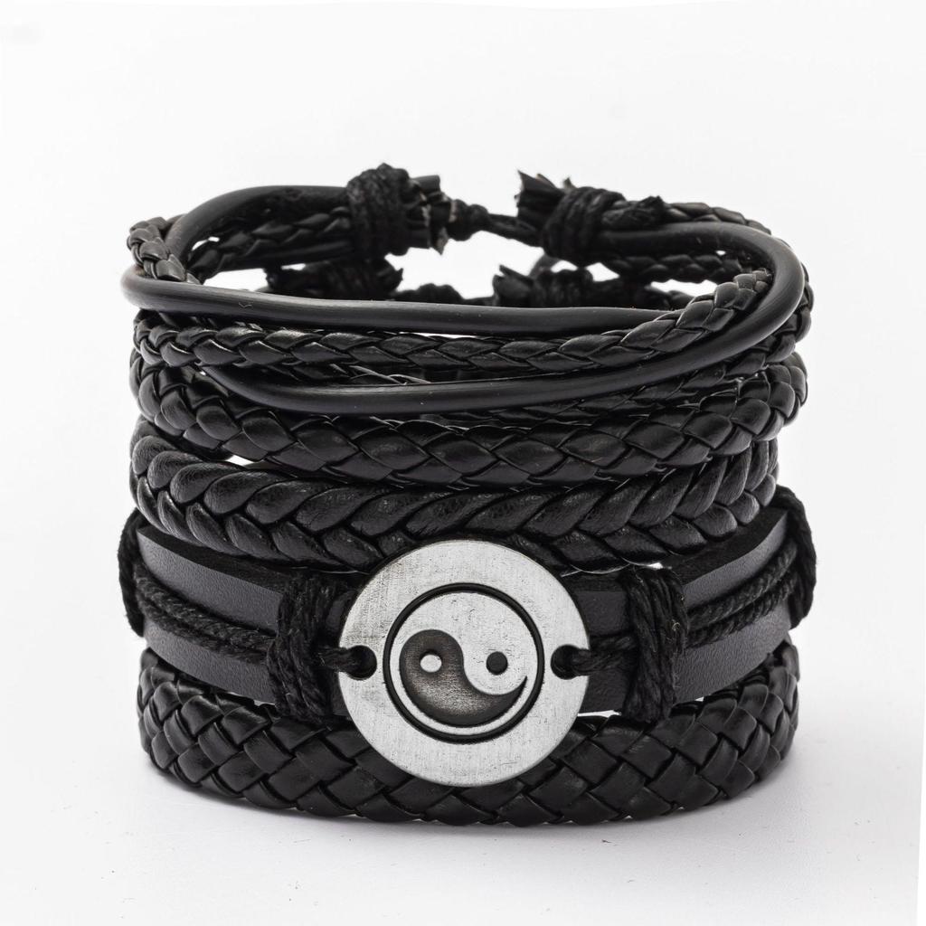 4Pcs/ Set Braided Wrap Leather Bracelets for Men Vintage Life Tree Rudder Charm Wood Beads Ethnic Tribal Wristbands