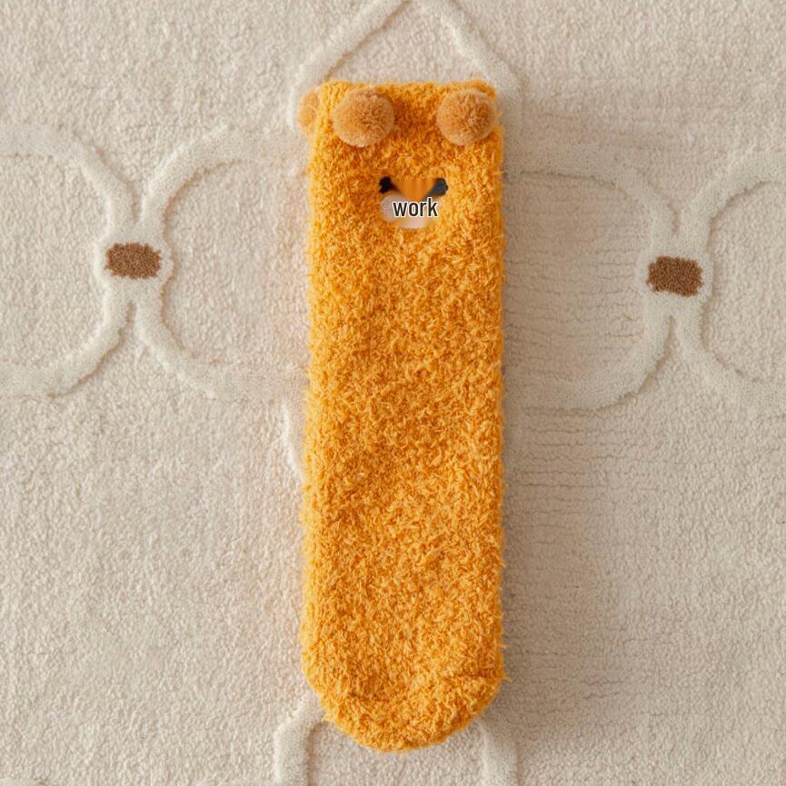 Japanese Coral Fleece Bear Cartoon Mid-Calf Socks - Autumn/Winter, Non-Shedding Sleep Socks