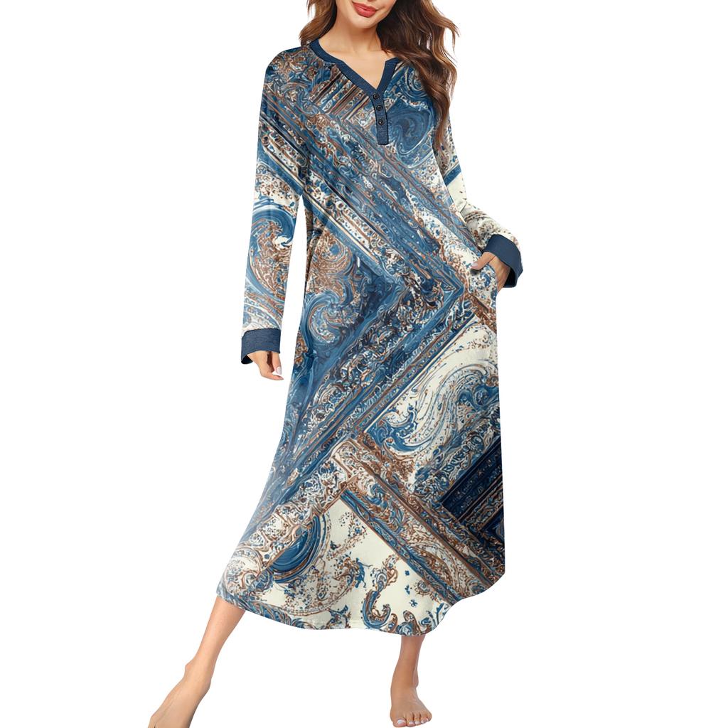 Women's Nightgown Long Loungewear V-neck Nightdress With Pockets