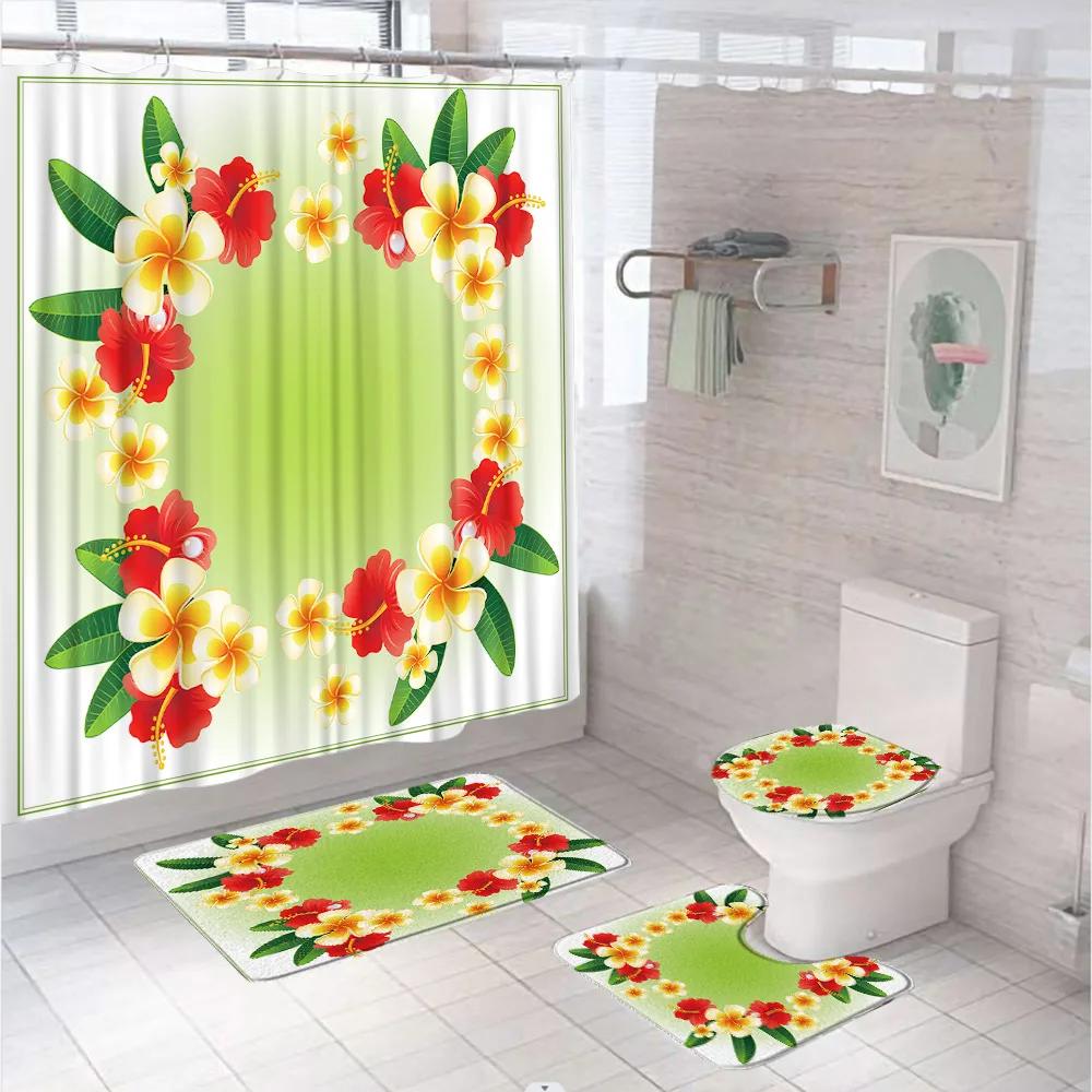 Green Gold Leaves Shower Curtain Set Summer Tropical Plant Bath Screen Bathroom Mat Non Slip U-Shape Rug Carpet Lid Toilet Cover