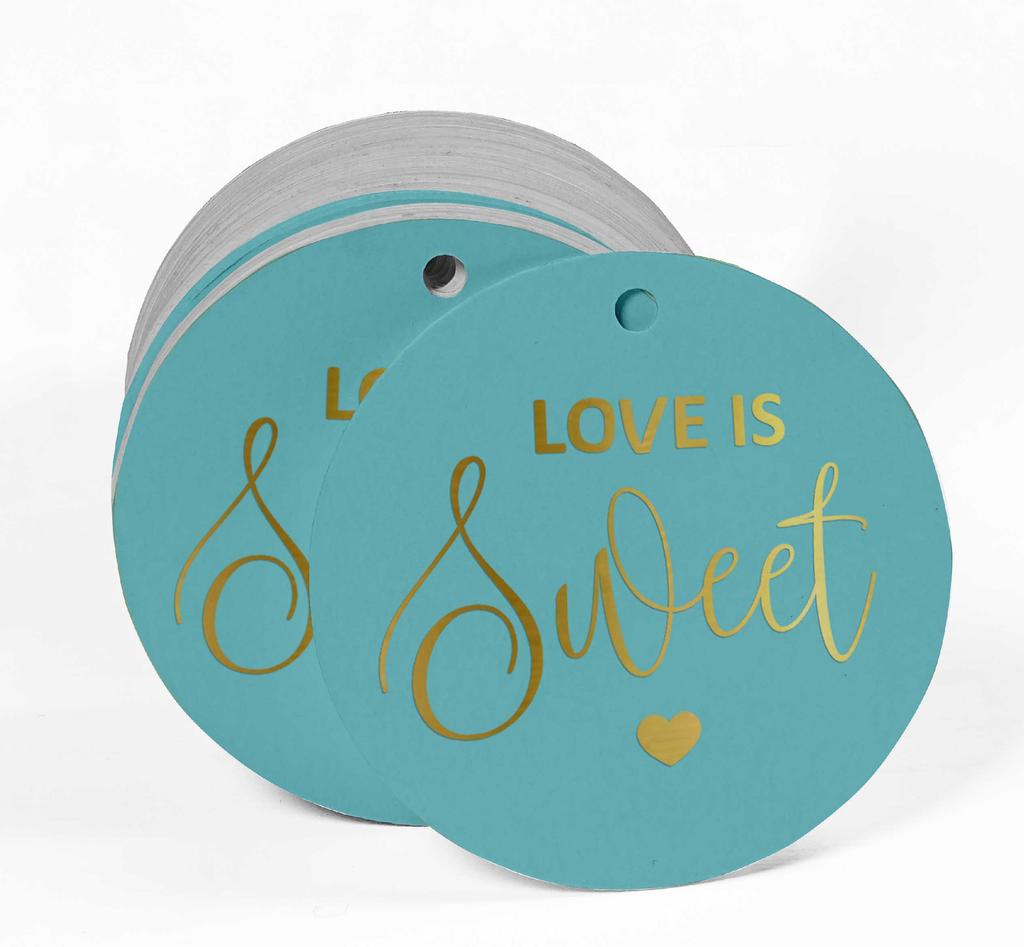 Inkdotpot 100 - Confezione da 100 etichette in carta stagnola color oro vero Love Is Sweet bomboniera da appendere