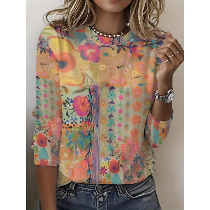 Maglione Largo da Donna 2026 Primavera, Estate, Autunno e Inverno Nuovo Design Stampato Top T-shirt a Manica Lunga Girocollo Taglia Larga