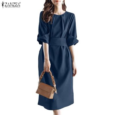 Women Casual Round Neck Solid Color Half Sleeve Dress
