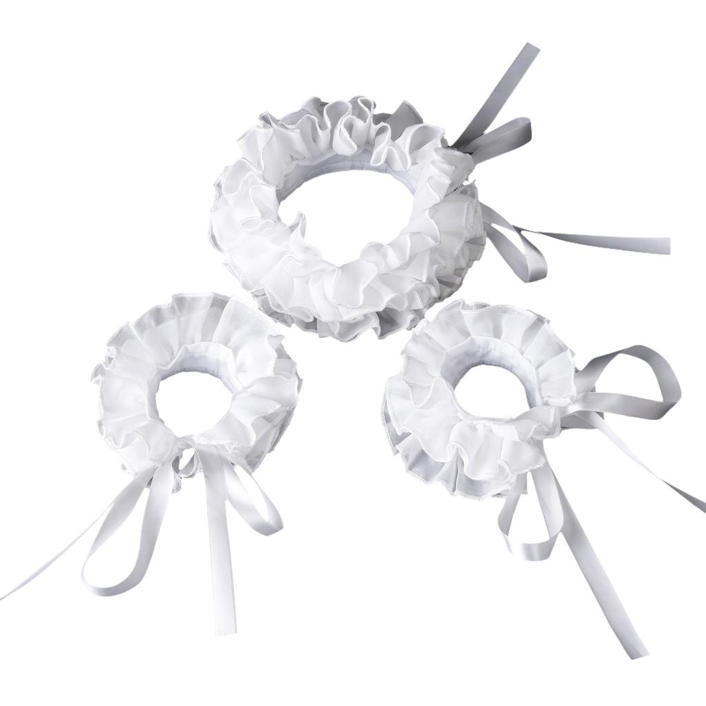 Renaissances Clown Choker Faux Collar White Ruffled Neck Accessory and Wrist Cuffs for Masquerades and Dress Up Event
