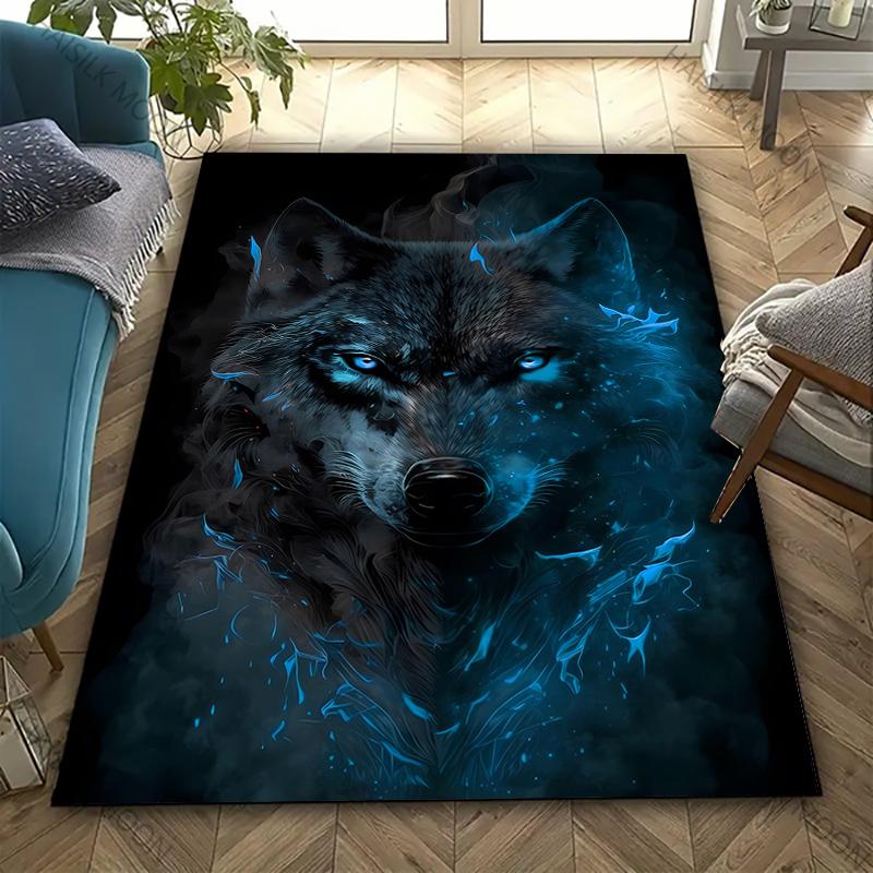 3D HD Blue Flame Lone Wolf Cool Printed Carpet Bedroom Non Slip Sofa Table Area Rugs Living Room Hallway Floor Mats, Fast Arrive