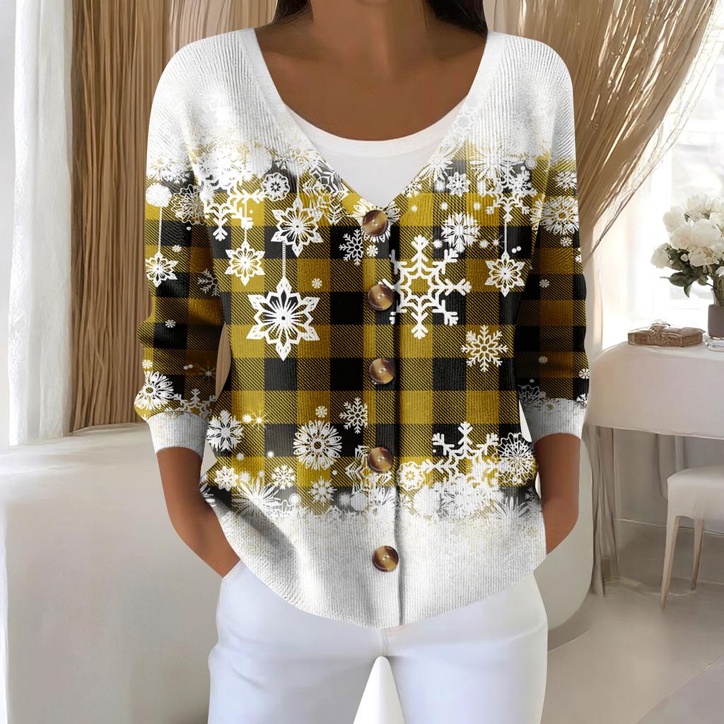 Damemote Langermet Christmas Snowman Snowflake Print Jakke Cardigan