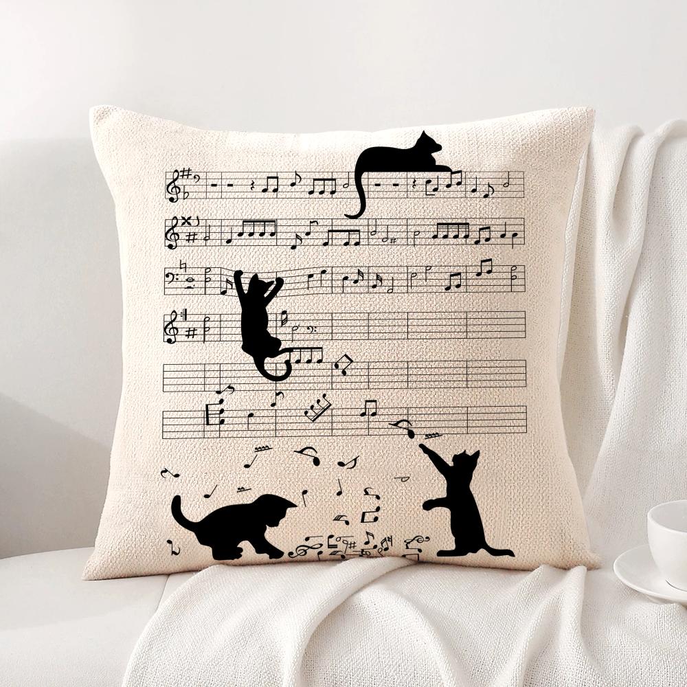Music and Cat Cushion Cover Natural Linen Organic Fabric DoubleSided Printing Sofa Home Decor Breathable Bed Pillow