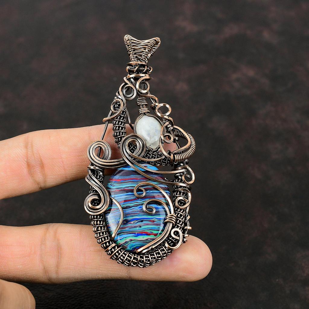 Rainbow Calsilica Pendant Copper Wire Wrapped Pendant Handmade Unique Jewelry Moonstone Gemstone Pendant Copper Wire Jewelry Engagement Gift