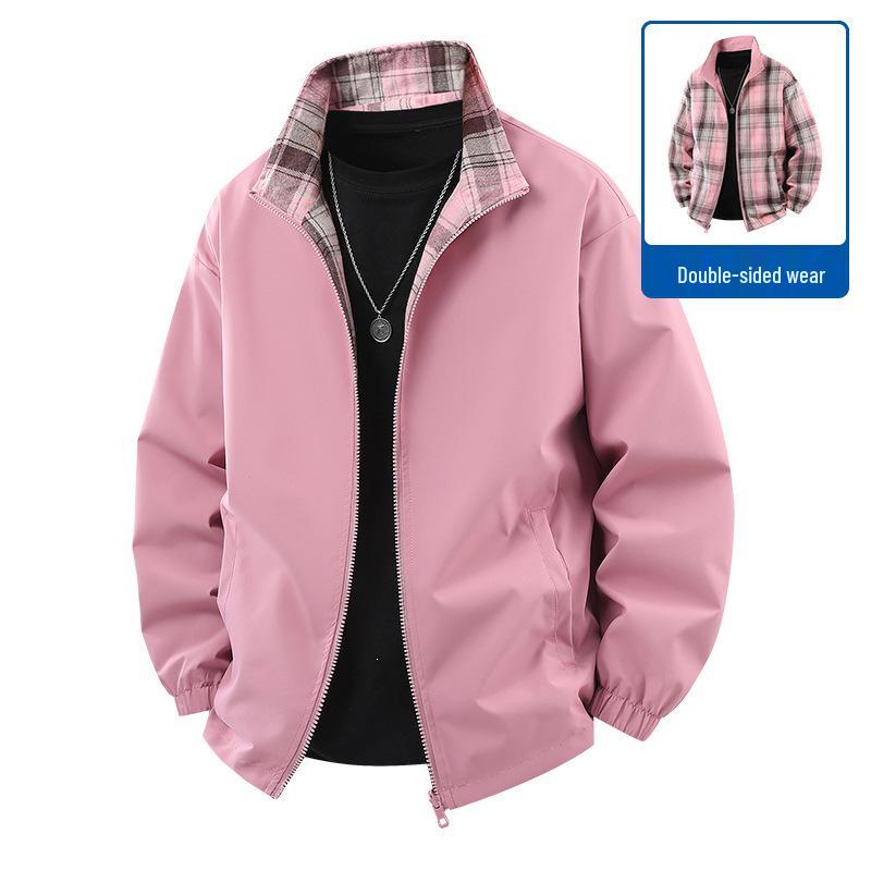 Unisex Plaid Stand Collar Jacket - Double-Sided Wear, Trendy, Casual, Versatile, High Quality for Spring & Autumn