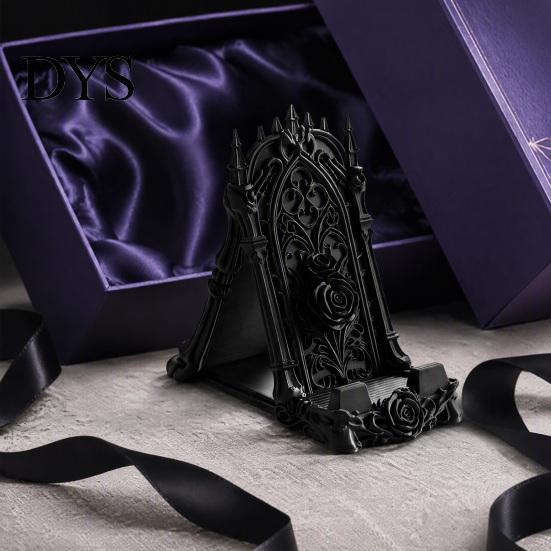 Matte Black Relief Art Ornament 3D Printed Gothic Rose Phone Stand, Vintage Church Carved Desktop Stable Triangular Tablet Stand Holder, Dark