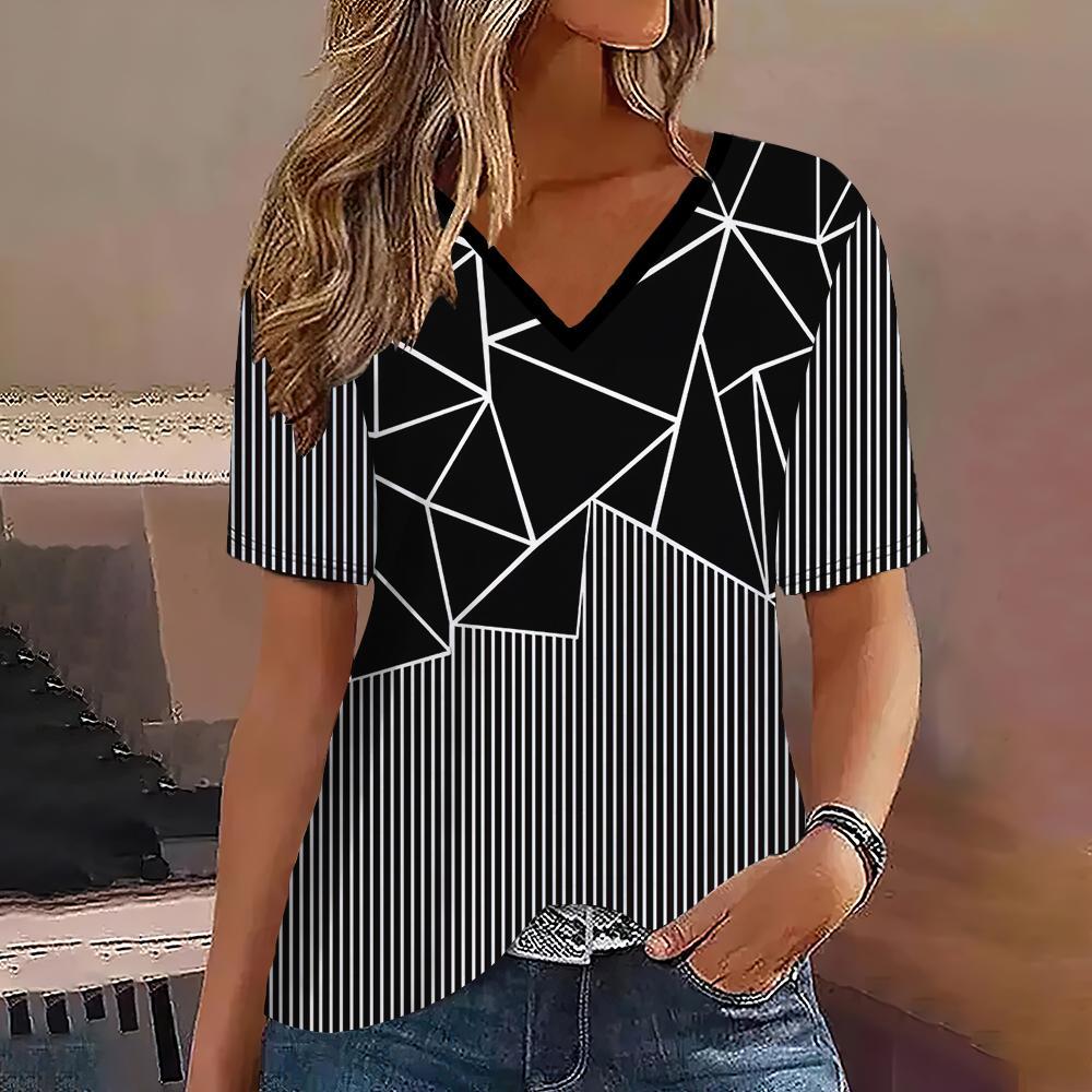 

Женская футболка летняя с V-образным вырезом, с коротким рукавом, в полоску, с графическим принтом, для улицы, повседневная, пуловер, одежда оверсайз 2XL