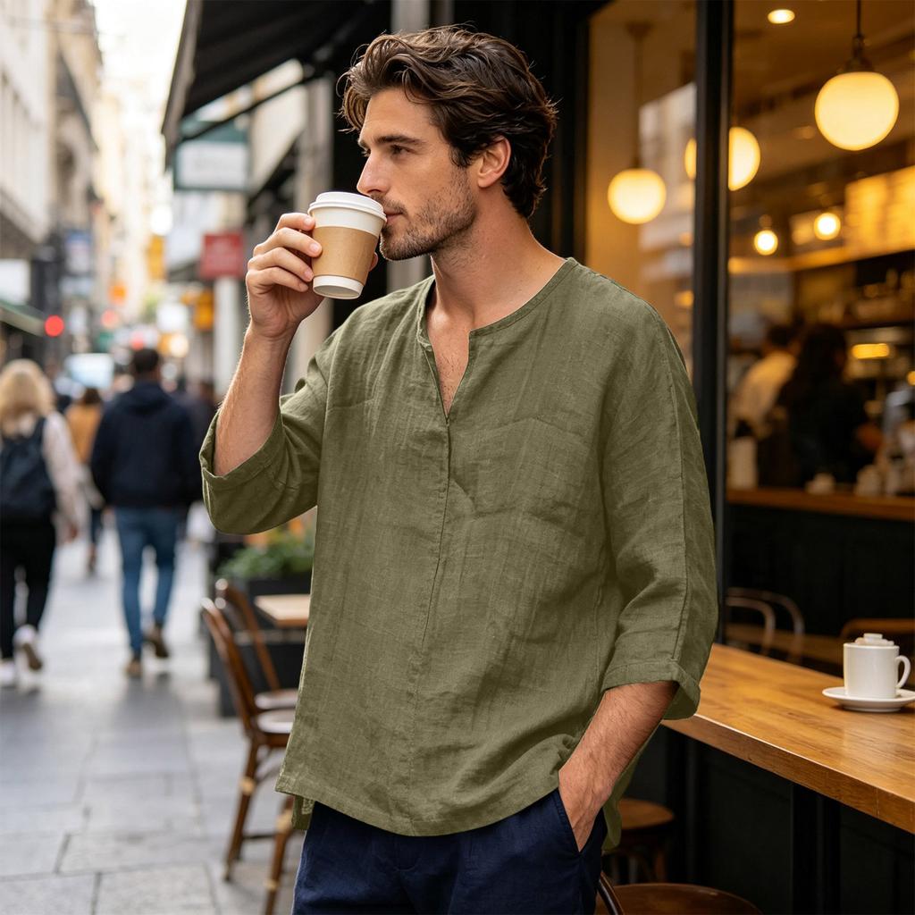 Men’s Cotton Linen Casual Seven Quarter Sleeve Loose Fit Shirt with V Neck and Lightweight Breathable Fabric for Daily Wear