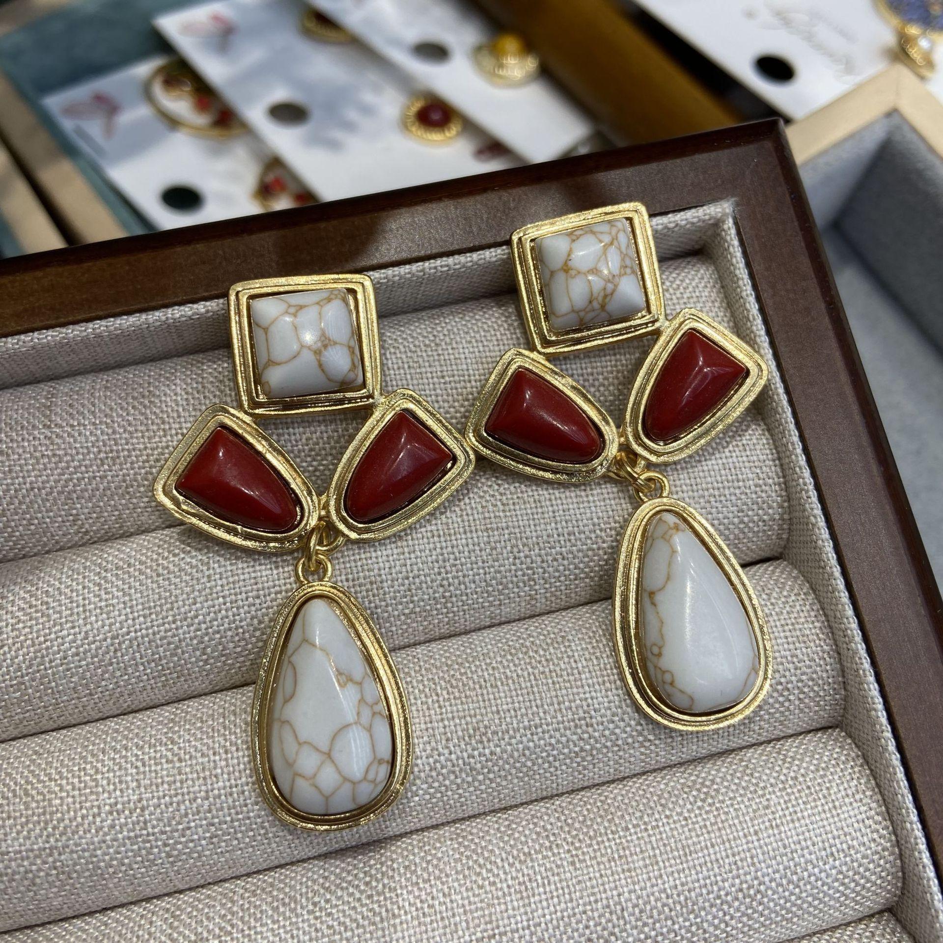 

Серьги-капли в стиле ретро с геометрическим дизайном, западные антикварные медные серьги из настоящего золота с натуральным камнем