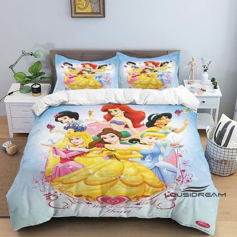 1pcDisney Princess 3D Printed Duvet Cover and Pillowcase Bedding Set, Suitable for Single, Double, King, and Queen Beds.