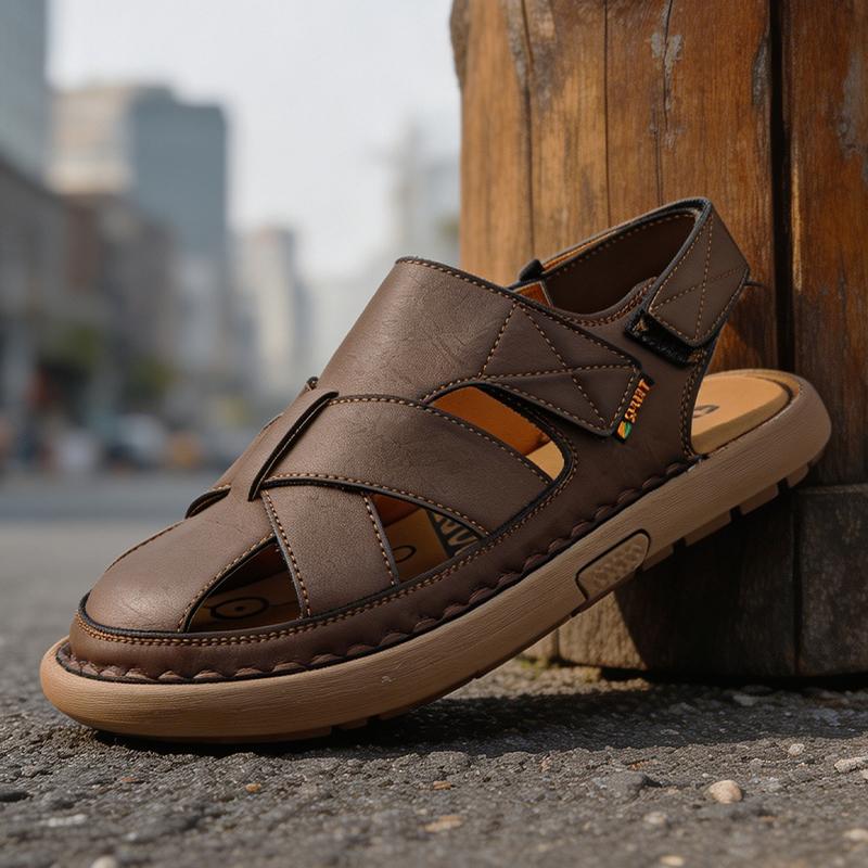 Sandales pour Hommes Respirantes Cuir Creux Bout Fermé Anti-Odeur Nouvelles Semelles Souples Antidérapantes Résistantes à l'Usure Chaussures d'Extérieur pour Plage pour Adolescent