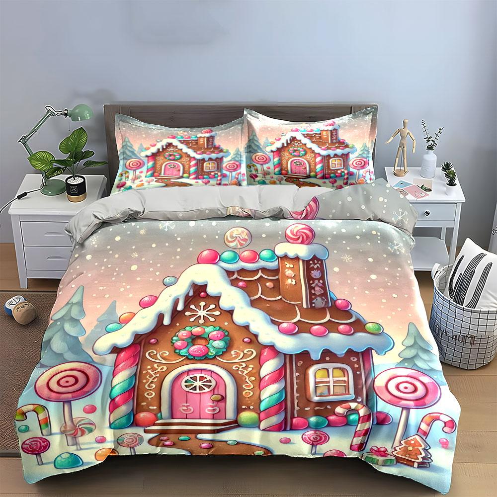 Gingerbread Candy House Design Bedding Duvet Cover Set (1*Duvet Cover 2*Pillowcases, Without Duvet Insert)
