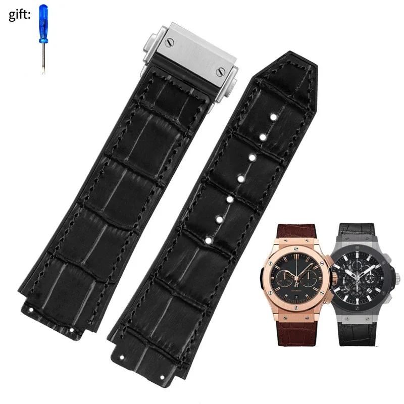 26*19mm Real Cow Leather Rubber Watchband for HUBLOT Classic Fusion Universe Big Bang Series Men belt Watch band butterfly Buckl 26X19mm no clasp