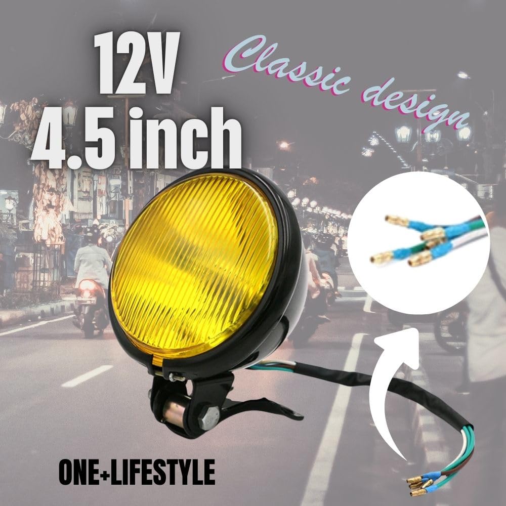One+lifestyle Motorcycle Headlight, 4.5 Inches, 12 V, Halogen Betts, Custom [Black/Clear] [Black/Yellow] (Black/Yellow)