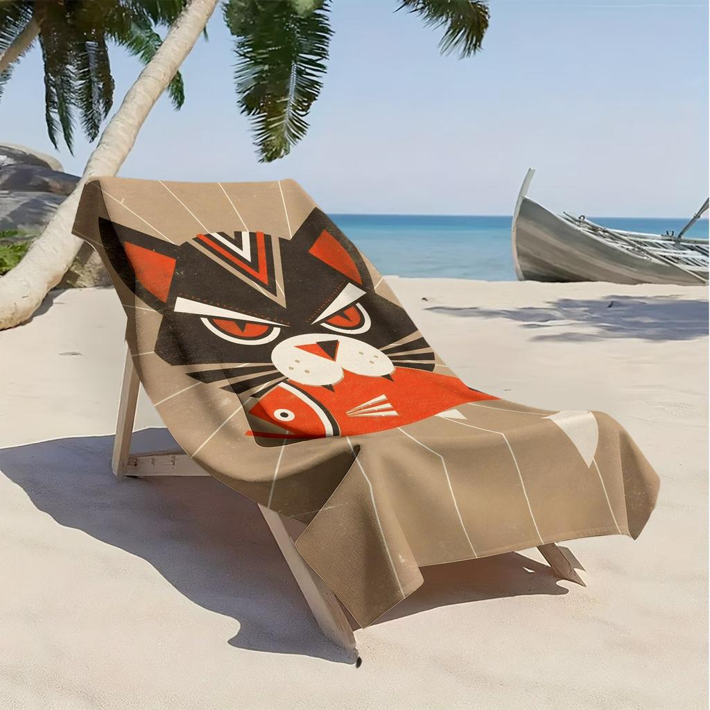Cartoon cat fish with geometric patterns polyester microfiber beach towel highly absorbent, suitable swimming and beach outings