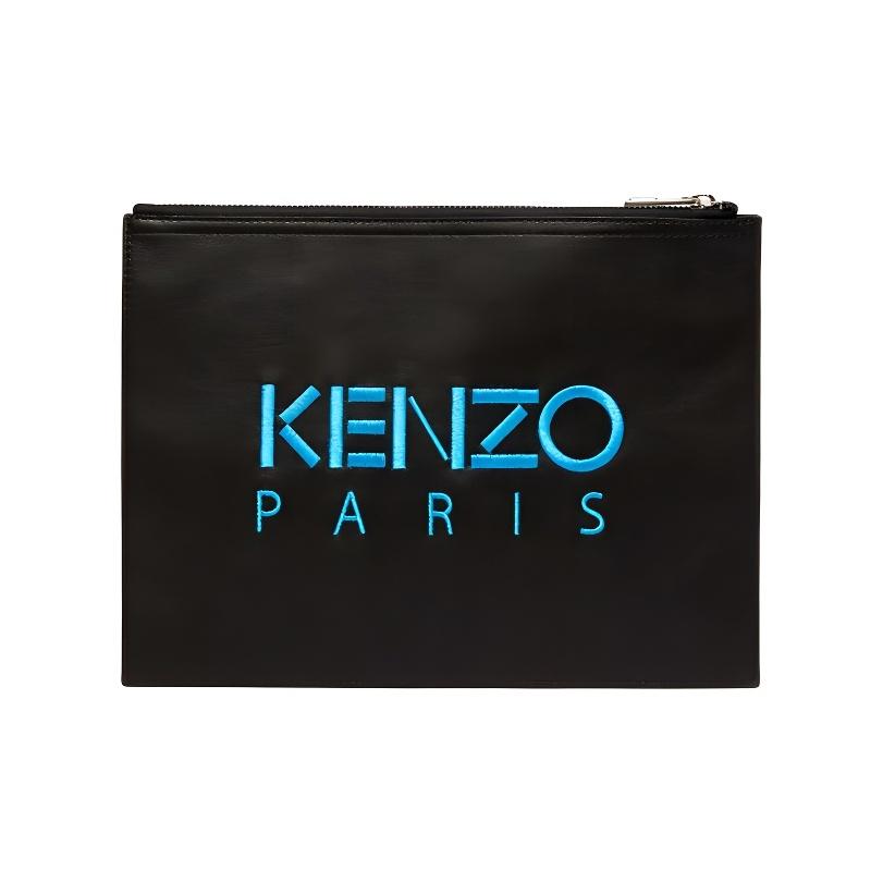 Kenzo Classic Tiger Head Embroidery Color Block Zip Closure Leather Clutch Men clutch Black F965PM322L49-99B