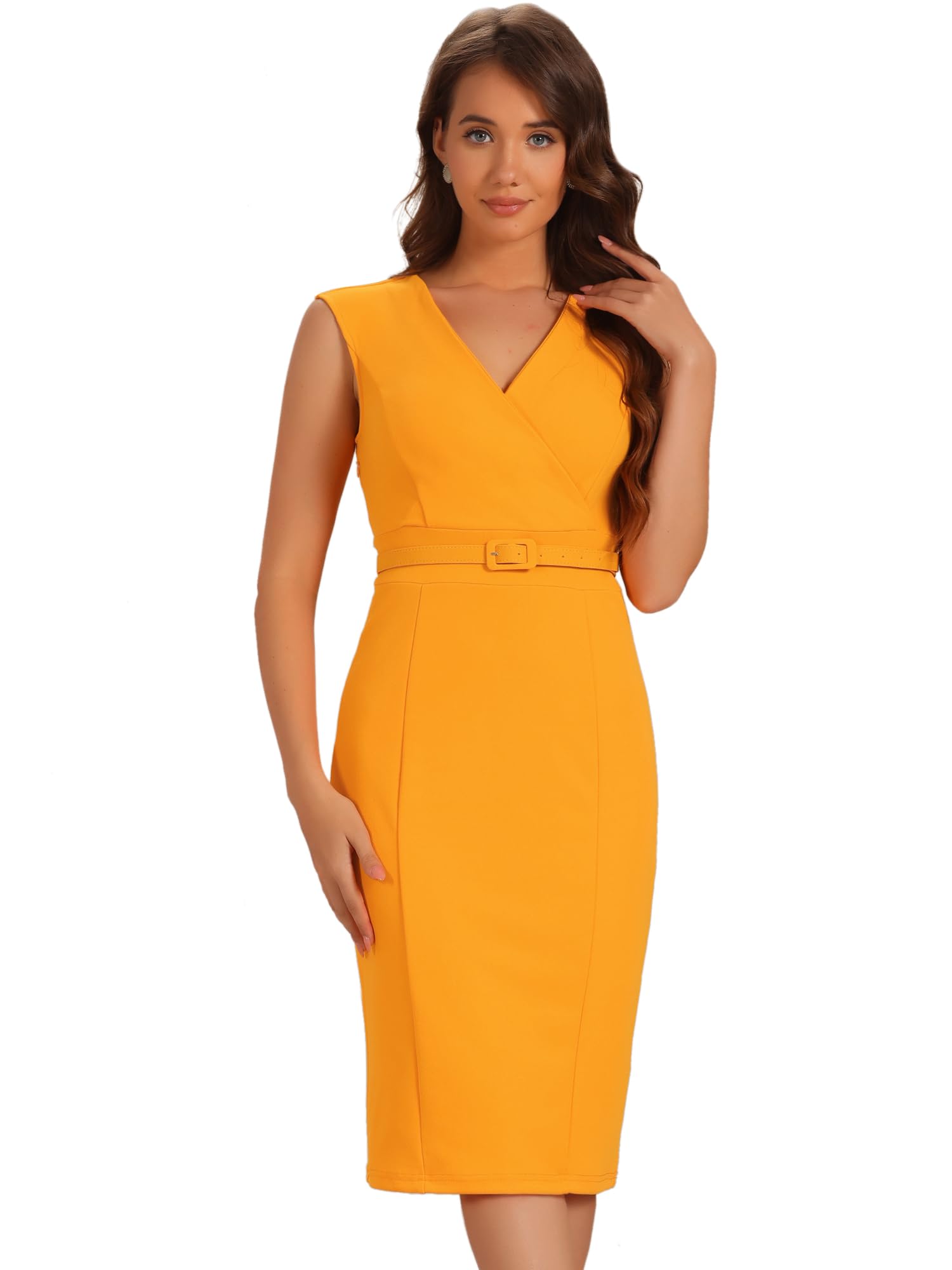 

Allegra K Women s Office Pencil Dress, Sleeveless, Wrap V-Neck, Belted, Bright Orange, Size M