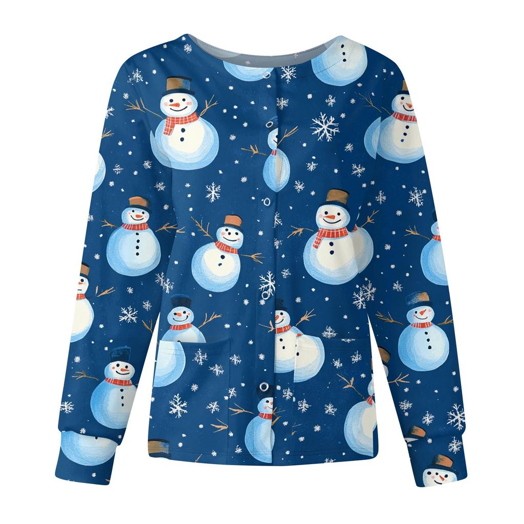 Women Long Sleeve Pattern Tops Pocket Working Stand-up Collar Single-breasted Protective Overalls Jacket Top Christmas