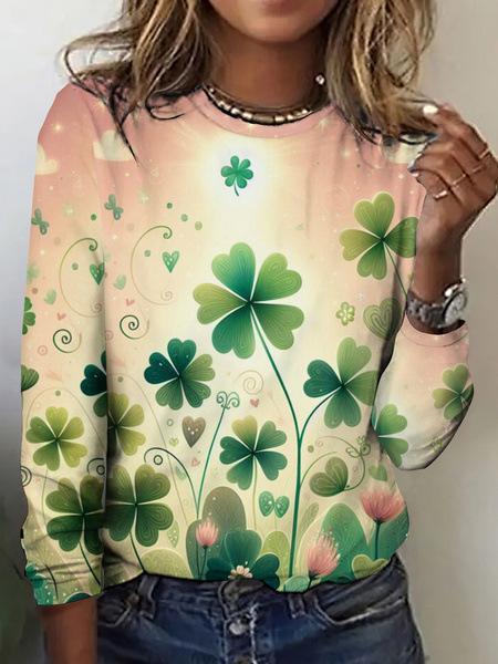 Round Neck 3D Flower Printed Top Fashionable Casual Long Sleeved Women's T-shirts