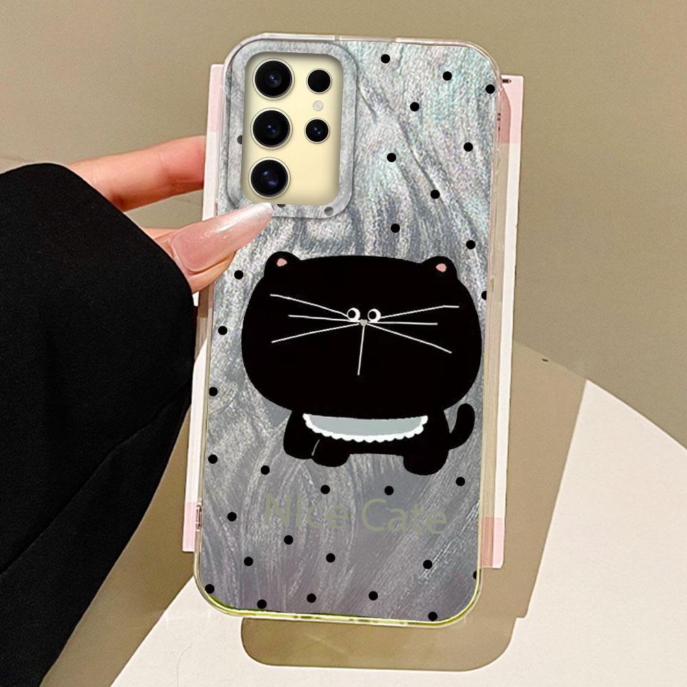 Big Headed Black Cat Circular Dots Phone Case for Samsung Galaxy S25 S24 S23 S22 S21 FE Plus Ultra Shell Silicone Back TPU Cover