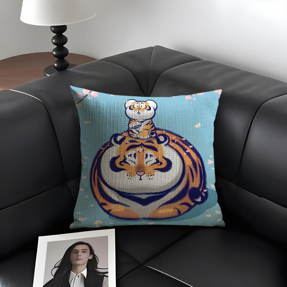 Cute Tiger Fashion Cushion Cover Natural Linen Organic Fabric DoubleSided Printing Sofa Home Decor Gift Pillow Case
