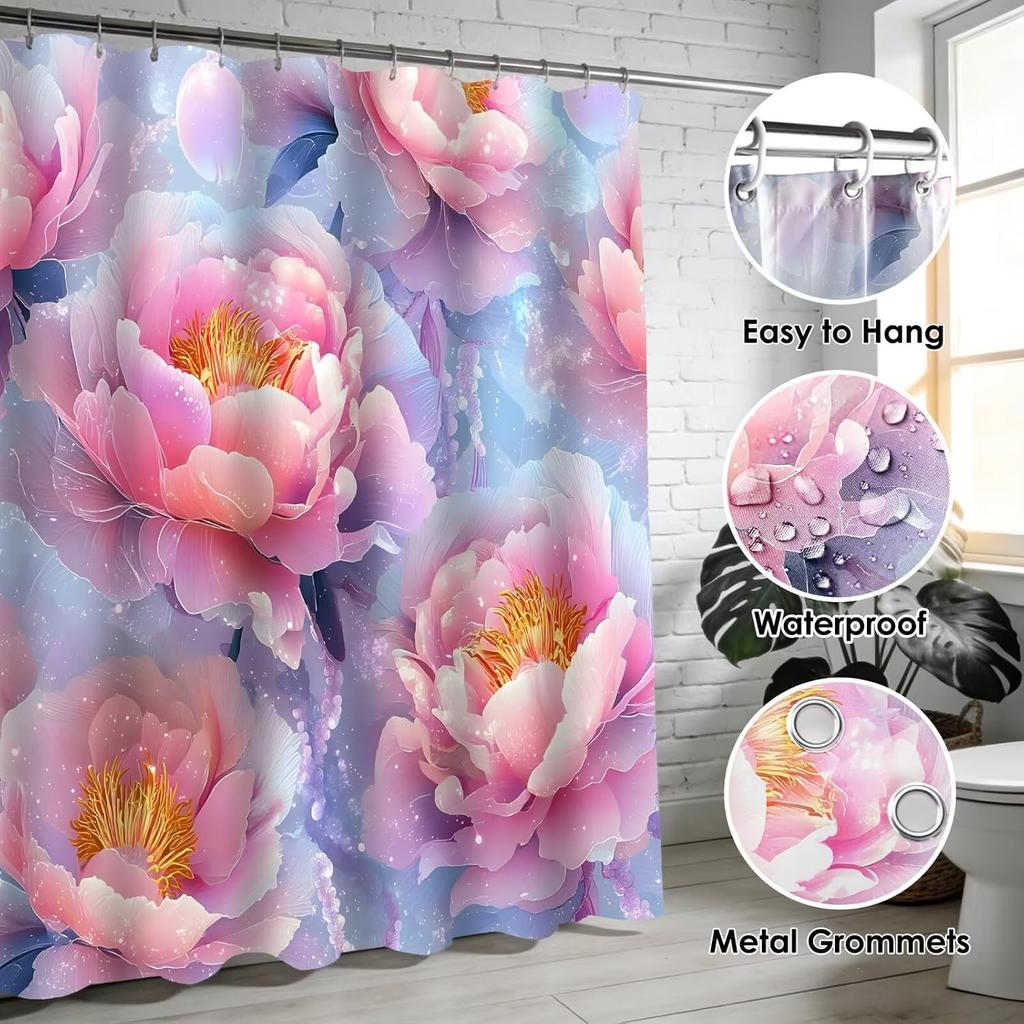 4Pcs Shower Curtain Set with Non-Slip Bath Mat, Toilet Lid Cover, Contour Rug & 12 Hooks, Bathroom