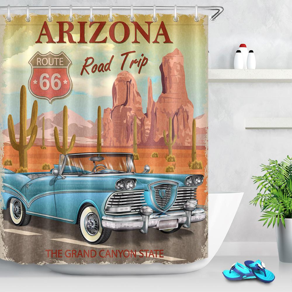 Car Travel Through America Retro Trip Sexy Girl Shower Curtain Set Route 66 Bathroom Fabric Curtains For Bathtub Decor With Hook