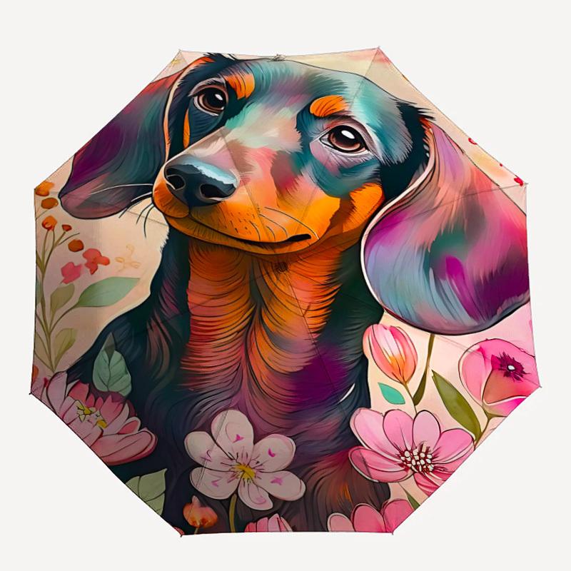 1pc Dachshund Floral Automatic Folding Umbrella - Windproof Compact Travel Umbrella with Auto Open/Close, 8-Rib Heavy-Duty Shaft for Women/Men A005