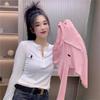 Plus Size Little Pony Embroidered Long-Sleeve T-shirt with Half-Open Collar - Slim-Fit and Flaw-Hiding Women's Autumn Base Layer Top