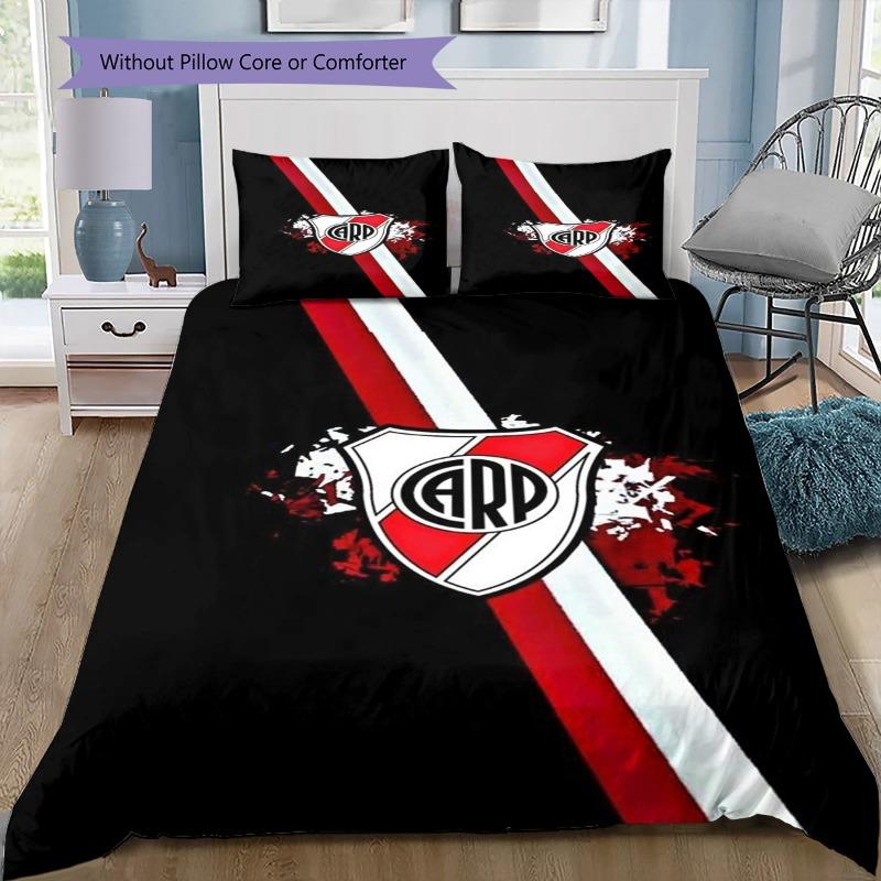 River Plate FC Red Background Vertical Black Stripe Shield Crest Bedding Set Argentine Soccer Duvet Cover Football Fan Bedroom Home Decor Bedding