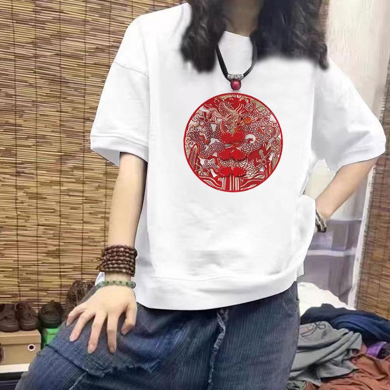 

Женская повседневная футболка с коротким рукавом из 100% хлопка - Новый свободный крой, Приталенный дизайн, Рукав до локтя, Большой размер, Модный принт M [recommended for 85-100 jin]