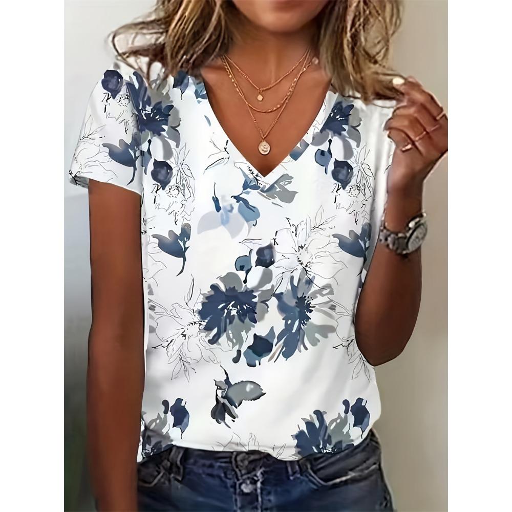 Summer large women's T-shirt fashionable blue flower print casual elegant V-neck T-shirt daily comfortable women's T-shirt